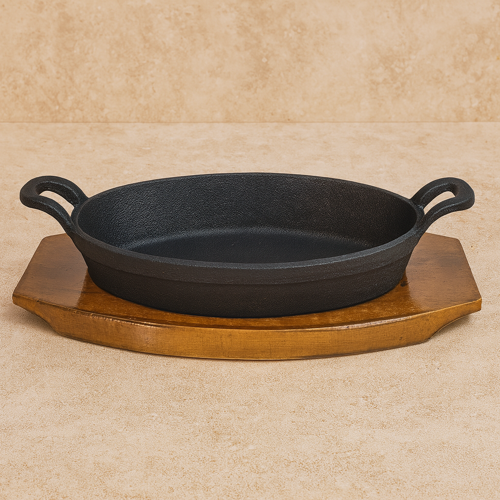Sizzler 9" (23 cm) Oval Cast Iron with Wooden Base | Ahlan Living | Krucible Kitchen
