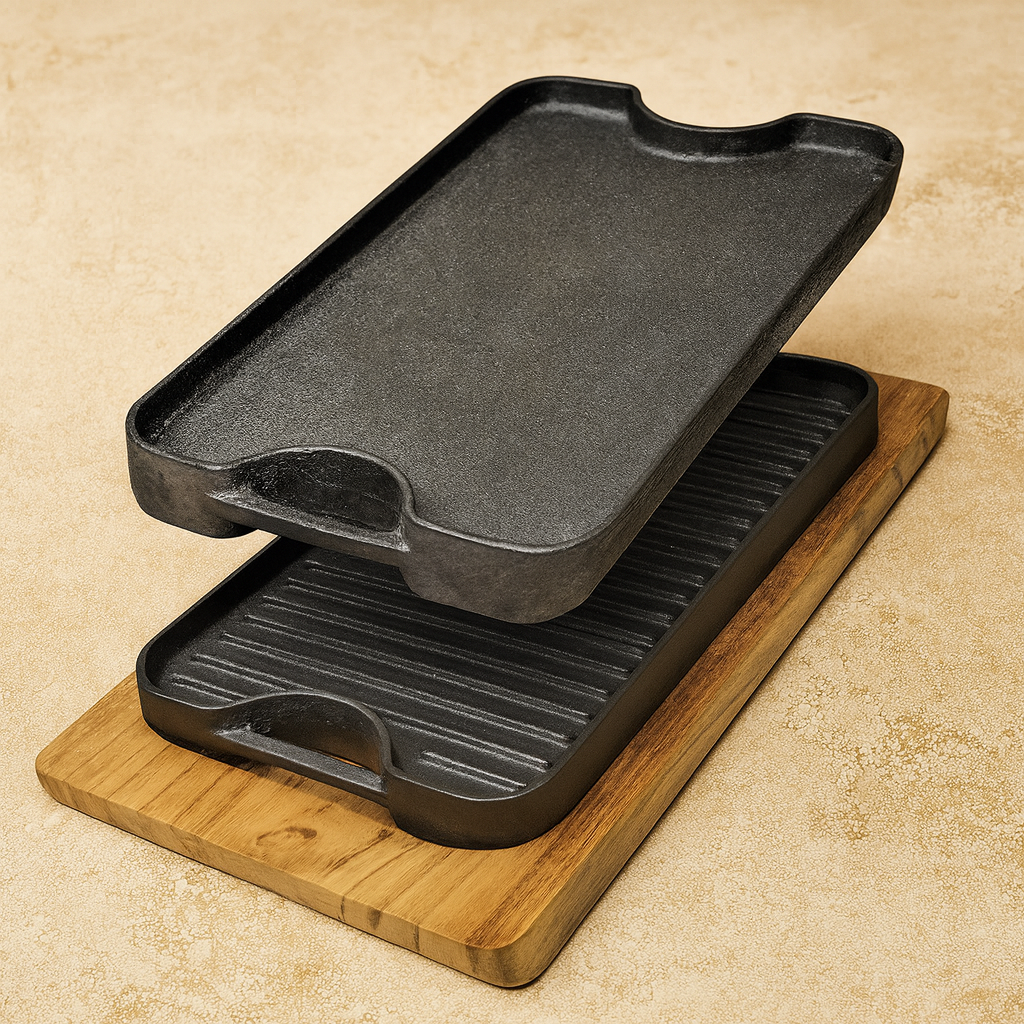 Reversible Grill Griddle 13 in x 7.5 in, Cast Iron Seasoned with Wood Base | Ahlan Living | Krucible Kitchen