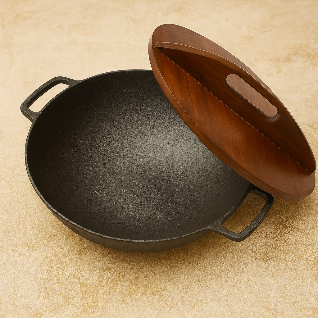 Wok 12.5 Inch (32 cm) Cast Iron with Wooden Lid | Ahlan Living | Krucible Kitchen
