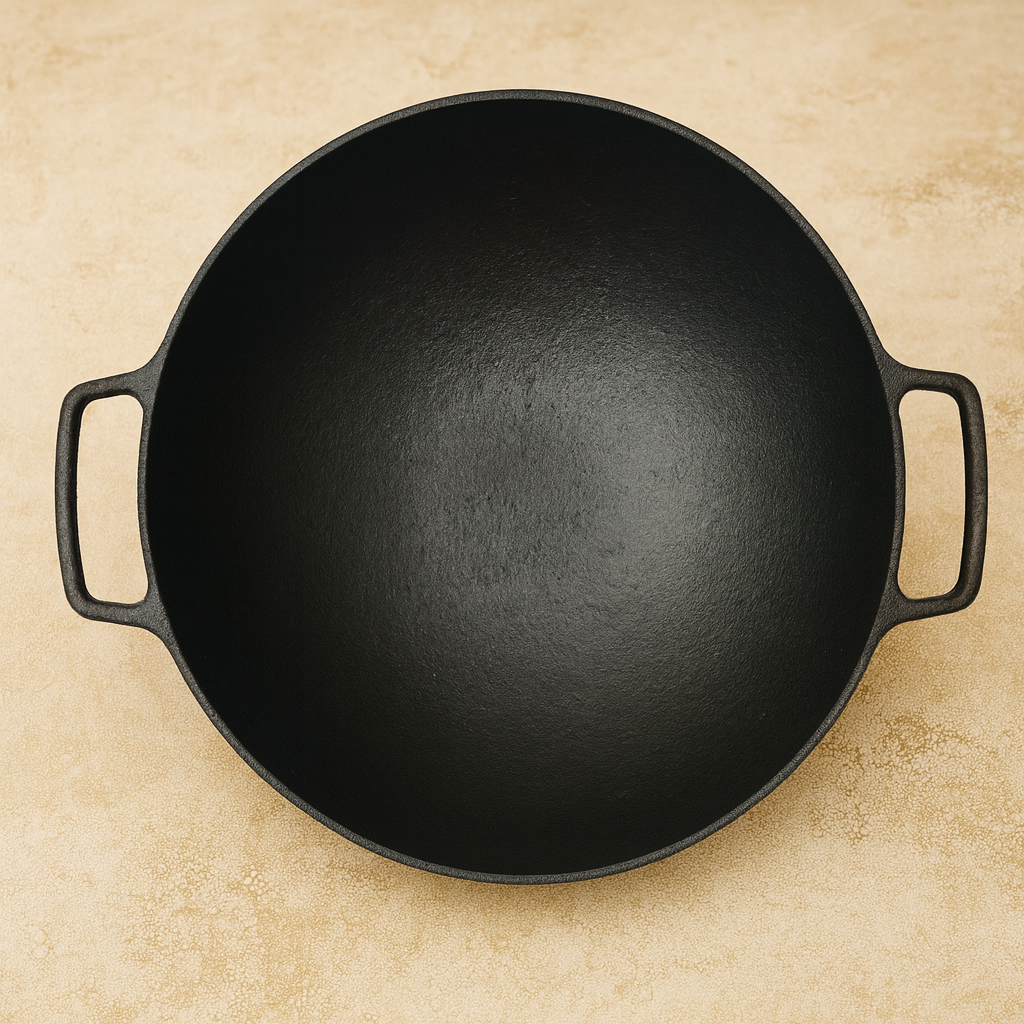 Wok 14 Inch (36 cm) Cast Iron Seasoned with Wooden Lid | Ahlan Living | Krucible Kitchen