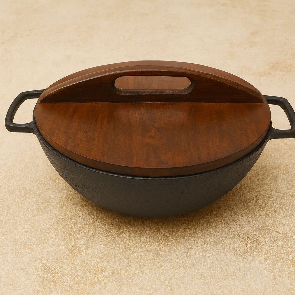 Wok 14 Inch (36 cm) Cast Iron Seasoned with Wooden Lid | Ahlan Living | Krucible Kitchen