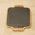 Reversible Grill Griddle 10.5 Inches ( 27 cm ) Square, Cast Iron Seasoned with Wood Base | Ahlan Living | Krucible Kitchen