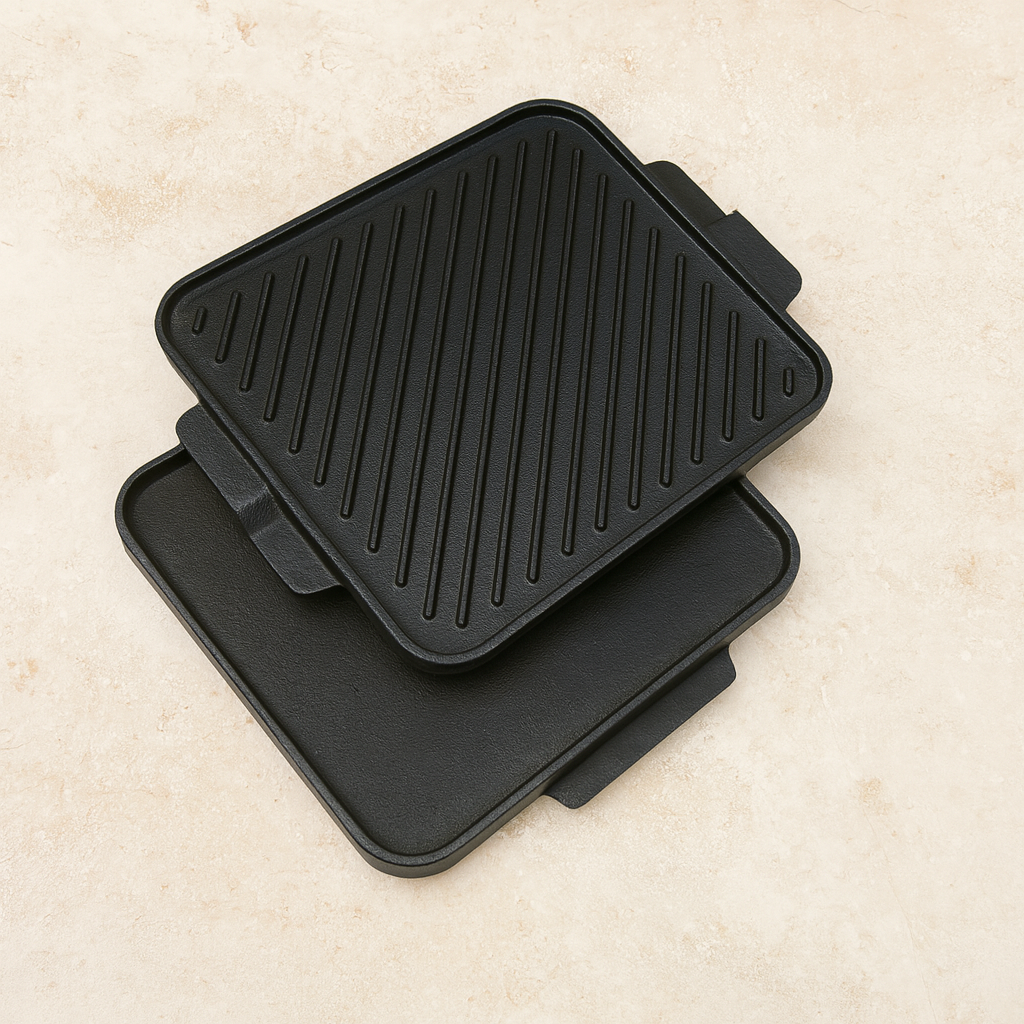 Reversible Grill Griddle 10.5 Inches ( 27 cm ) Square, Cast Iron Seasoned with Wood Base | Ahlan Living | Krucible Kitchen
