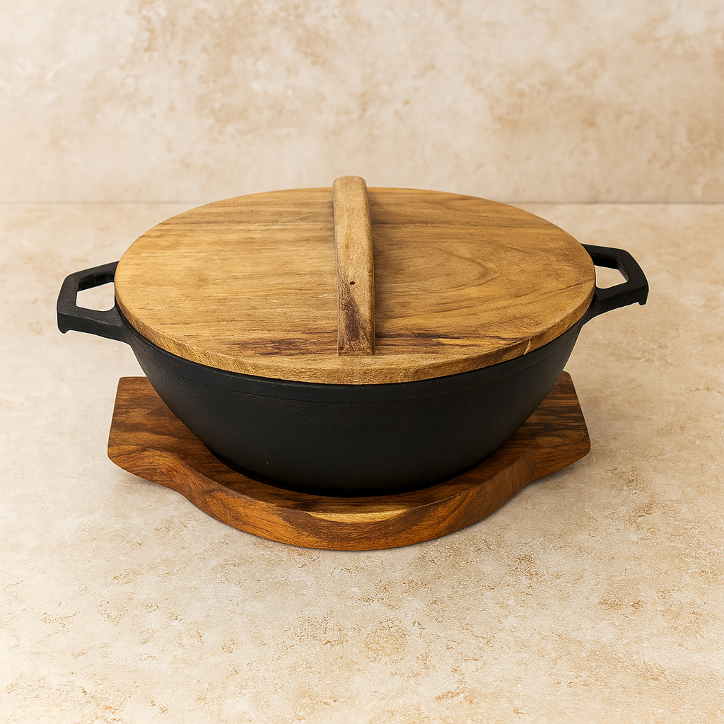 Wok 9 Inch (23 cm) Cast Iron with Wooden base and Lid | Ahlan Living | Krucible Kitchen