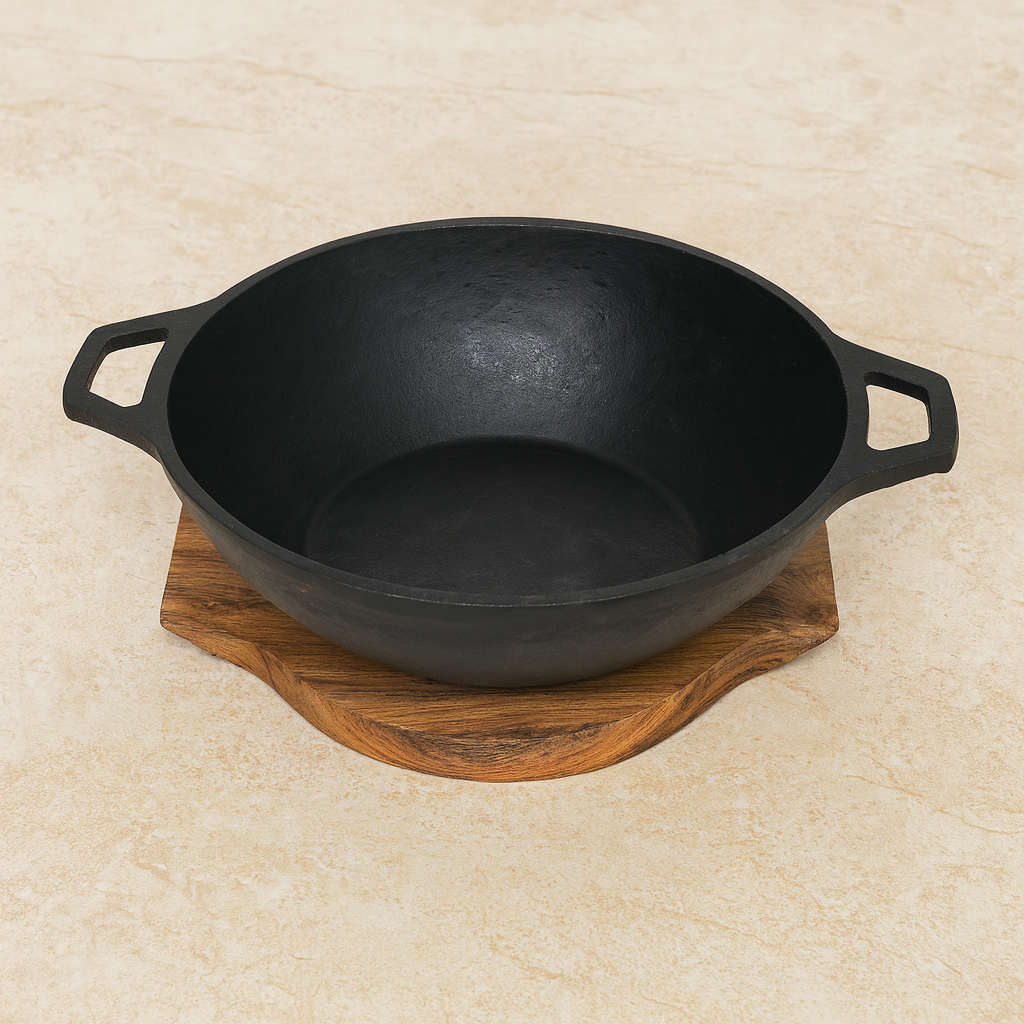 Wok 9 Inch (23 cm) Cast Iron with Wooden base and Lid | Ahlan Living | Krucible Kitchen