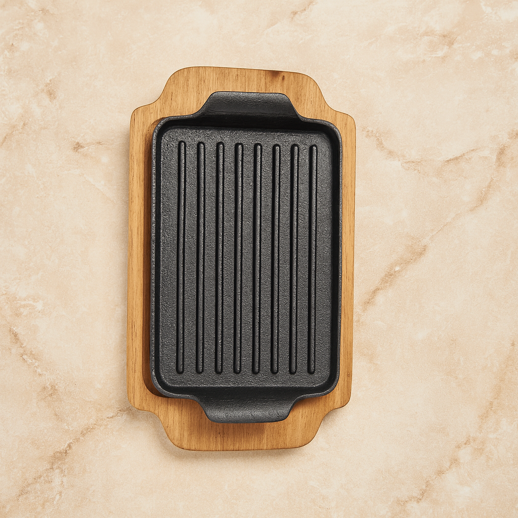 Sizzler 10" (25 cm) Rectangular Cast Iron with Wood Base | Ahlan Living | Krucible Kitchen