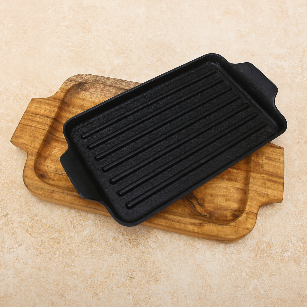 Sizzler 10" (25 cm) Rectangular Cast Iron with Wood Base | Ahlan Living | Krucible Kitchen