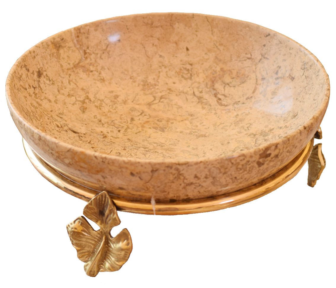 Marble Bowl Deep With Brass Stand - 12 inch (30 cm) - Ahlan Living